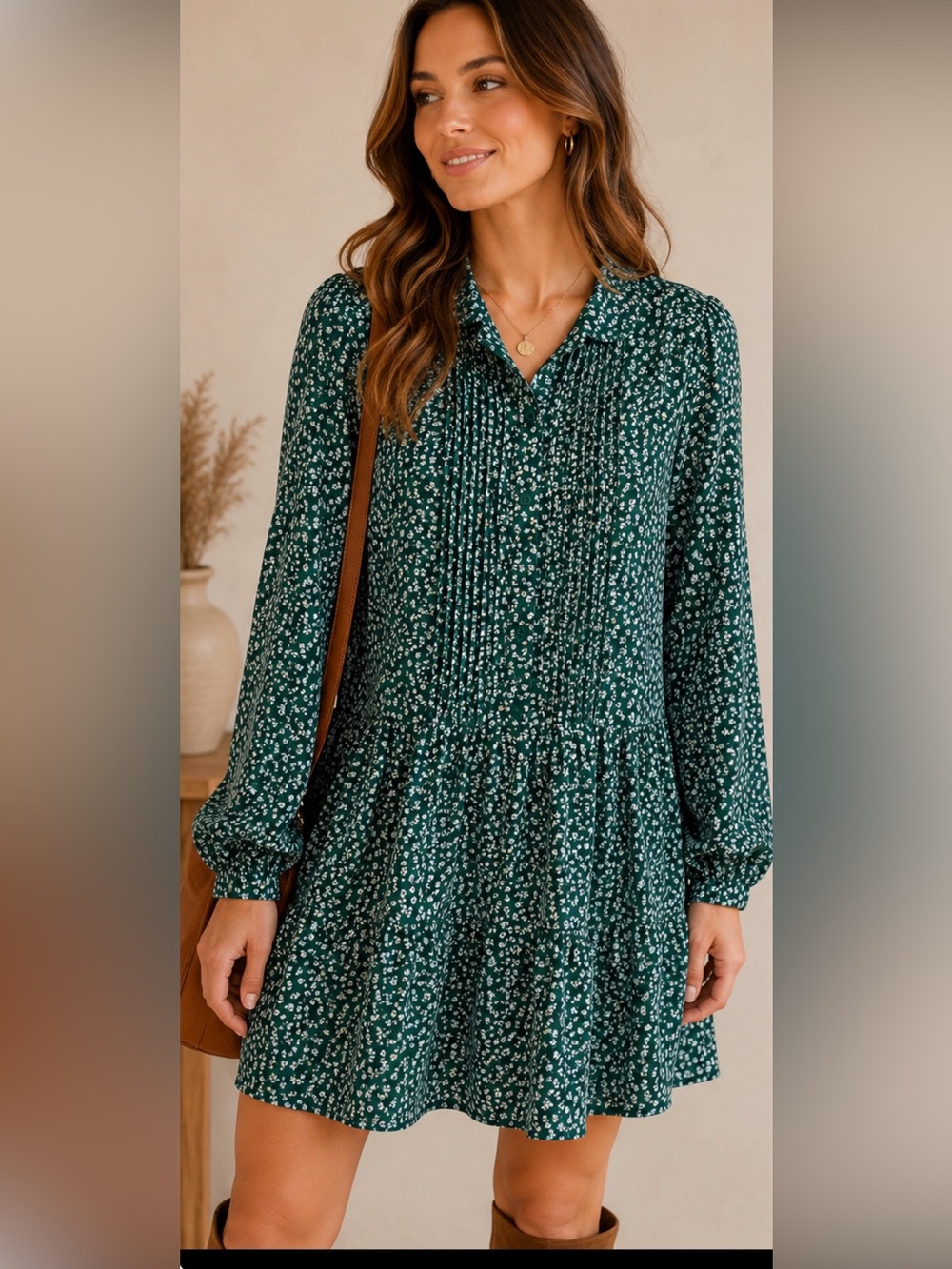Dokotoo Emerald Green Floral Pintuck Mini Dress Cottagecore‎ Prairie Boho 2X